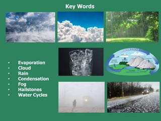 Key Words
• Evaporation
• Cloud
• Rain
• Condensation
• Fog
• Hailstones
• Water Cycles
 
