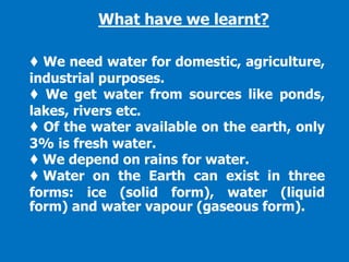 What have we learnt?
♦ We need water for domestic, agriculture,
industrial purposes.
♦ We get water from sources like ponds,
lakes, rivers etc.
♦ Of the water available on the earth, only
3% is fresh water.
♦ We depend on rains for water.
♦ Water on the Earth can exist in three
forms: ice (solid form), water (liquid
form) and water vapour (gaseous form).
 
