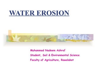 WATER EROSION




    Muhammad Nadeem Ashraf
    Student, Soil & Environmental Science
    Faculty of Agriculture, Rawalakot
 