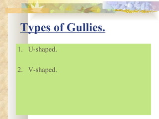 Types of Gullies.
1. U-shaped.

2. V-shaped.
 