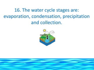 16. The water cycle stages are:
evaporation, condensation, precipitation
             and collection.
 