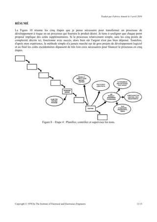 Traduit par Fabrice Aimetti le 5 avril 2010
RÉSUMÉ
La Figure 10 résume les cinq étapes que je pense nécessaire pour transformer un processus de
développement à risque en un processus qui fournira le produit désiré. Je tiens à souligner que chaque point
proposé implique des coûts supplémentaires. Si le processus relativement simple, sans les cinq points de
complexité décrits ici, fonctionne avec succès, alors bien sûr l'argent n'est pas bien dépensé. Toutefois,
d'après mon expérience, la méthode simple n'a jamais marché sur de gros projets de développement logiciel
et au final les coûts excédentaires dépassent de très loin ceux nécessaires pour financer le processus en cinq
étapes.
Figure 8 – Etape 4 : Planifiez, contrôlez et supervisez les tests.
Copyright © 1970 by The Institute of Electrical and Electronics Engineers 11/13
 