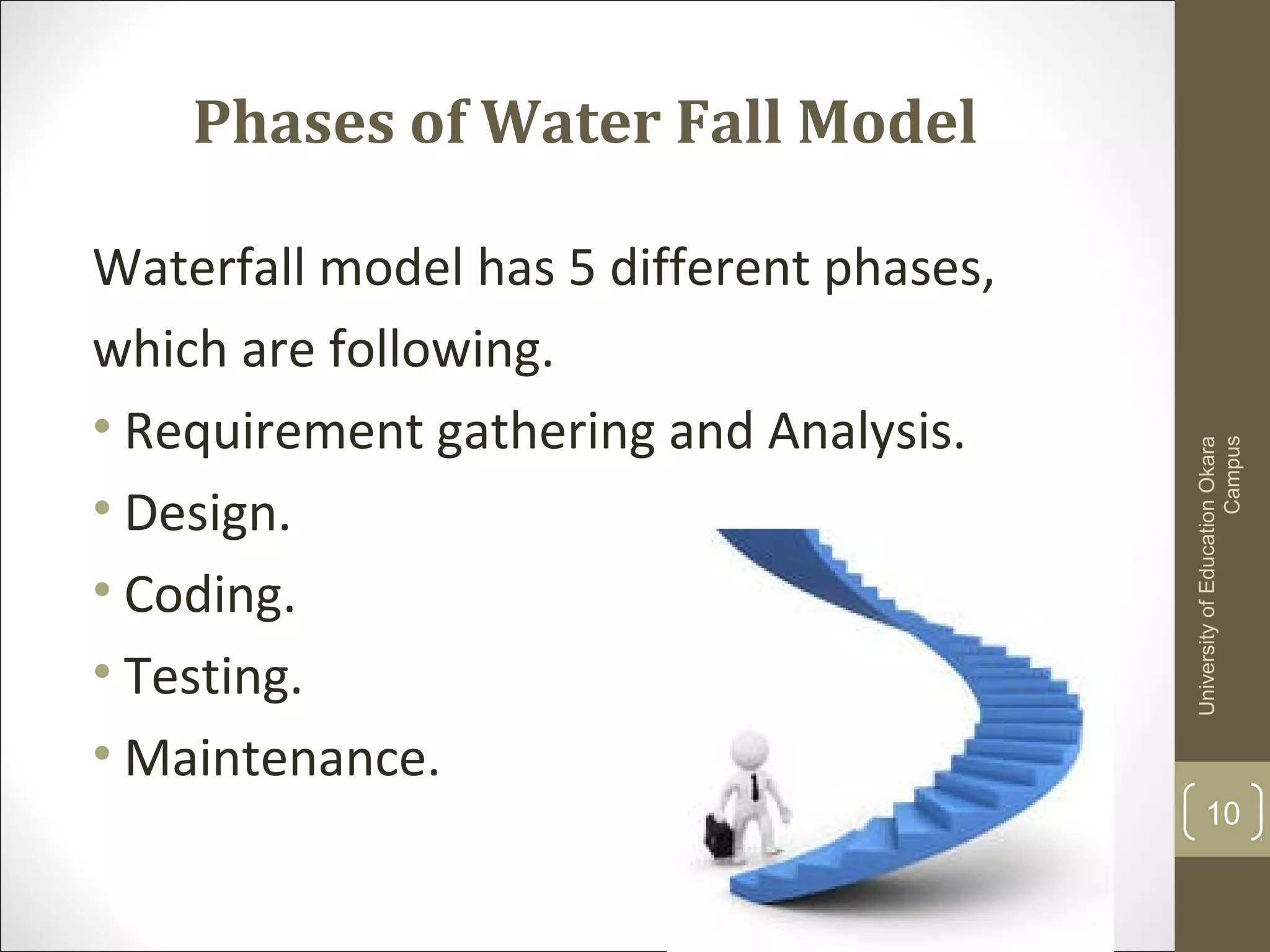 Phases of Water Fall Model
Waterfall model has 5 different phases,
which are following.
• Requirement gathering and Analysis.
• Design.
• Coding.
• Testing.
• Maintenance.
UniversityofEducationOkara
Campus
10
 