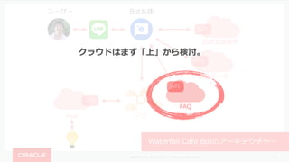 Copyright © 2016, Oracle and/or its affiliates. All rights reserved. |
ユーザー
17
Waterfall Cafe Botのアーキテクチャー
Bot本体
API
⾃然⾔語解析
API
献⽴データ
ハブ
API
Hue
クラウドはまず「上」から検討。
API
FAQ
 