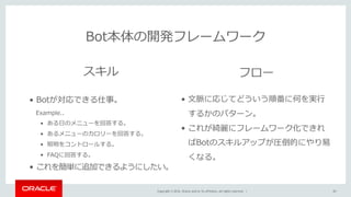 Copyright © 2016, Oracle and/or its affiliates. All rights reserved. |
Bot本体の開発フレームワーク
20
スキル フロー
• Botが対応できる仕事。
Example..
• ある⽇のメニューを回答する。
• あるメニューのカロリーを回答する。
• 照明をコントロールする。
• FAQに回答する。
• これを簡単に追加できるようにしたい。
• ⽂脈に応じてどういう順番に何を実⾏
するかのパターン。
• これが綺麗にフレームワーク化できれ
ばBotのスキルアップが圧倒的にやり易
くなる。
 