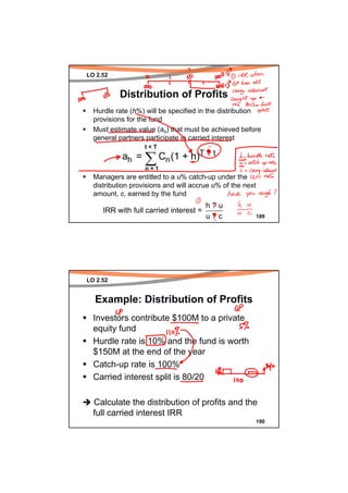 LO 2.52


          Distribution of Profits
  Hurdle rate (h%) will be specified in the distribution
  provisions for the fund
  Must estimate value (ah) that must be achieved before
  general partners participate in carried interest
                   t<T
           ah =    ∑
                   n=1
                         Cn (1 + h)T ? t
  Managers are entitled to a u% catch-up under the
  distribution provisions and will accrue u% of the next
  amount, c, earned by the fund
                                        h?u
     IRR with full carried interest =
                                        u?c                189




LO 2.52


  Example: Distribution of Profits
  Investors contribute $100M to a private
  equity fund
  Hurdle rate is 10% and the fund is worth
  $150M at the end of the year
  Catch-up rate is 100%
  Carried interest split is 80/20

  Calculate the distribution of profits and the
  full carried interest IRR
                                                           190
 