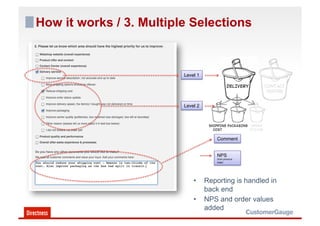 How it works / 3. Multiple Selections


                         Level 1

                                               DELIVERY         Contact
                                                                 CENTRE


                         Level 2



                                    SHIPPING PACKAGING ORDER
                                      COST             STATUS

                                       Comment


                                       NPS
                                       (from previous
                                       page)




                             •     Reporting is handled in
                                   back end
                             •     NPS and order values
                                   added
 