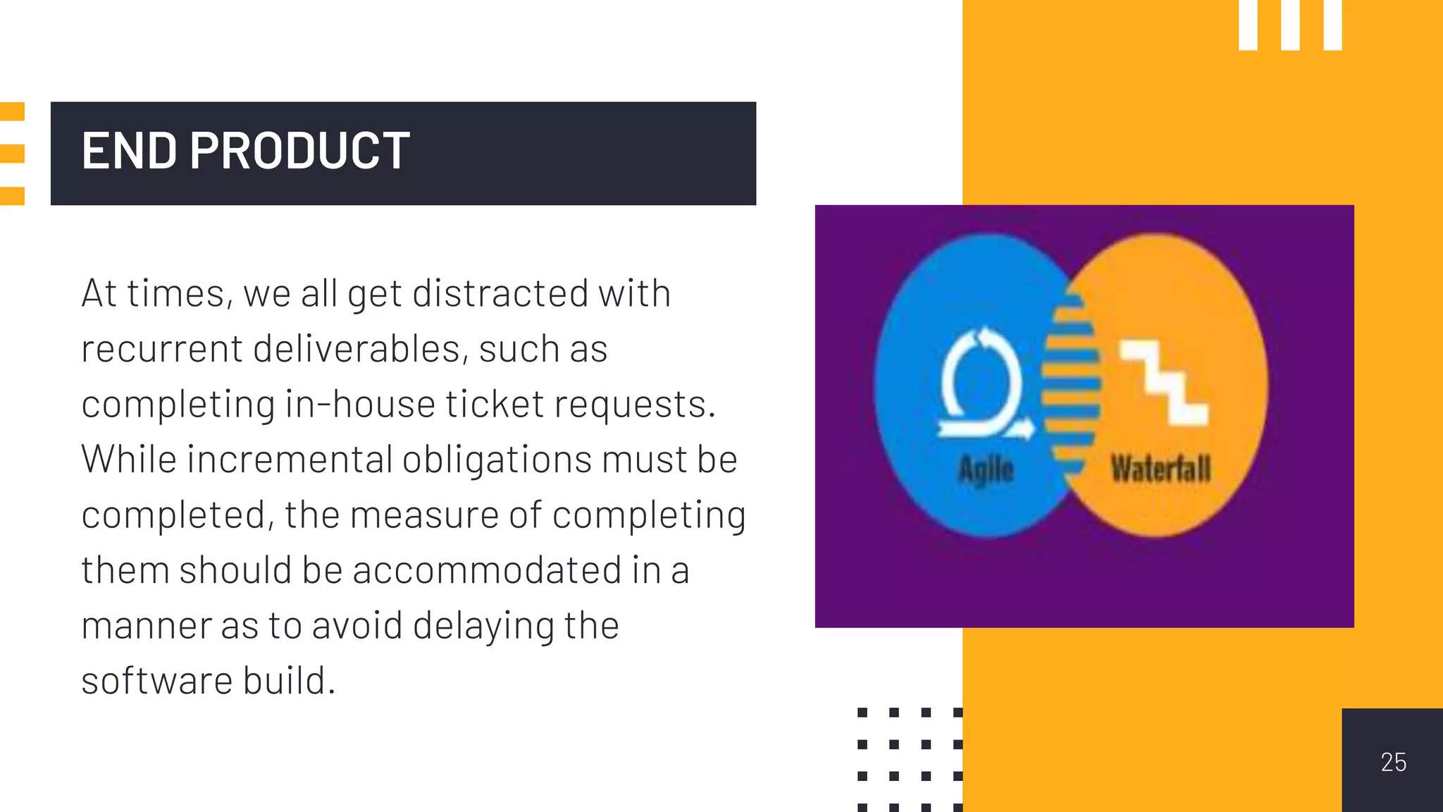END PRODUCT
At times, we all get distracted with
recurrent deliverables, such as
completing in-house ticket requests.
While incremental obligations must be
completed, the measure of completing
them should be accommodated in a
manner as to avoid delaying the
software build.
25
 