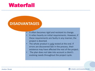 Waterfall
• It often becomes rigid and resistant to change.
• It relies heavily on initial requirements. However, if
these requirements are faulty in any manner, the
project is doomed.
• The whole product is only tested at the end. If
errors are discovered late in the process, their
existence may have affected the rest of the project.
• The plan does not take into account a client’s
evolving needs throughout the project cycle.
DISADVANTAGES
Jonathan Donado Linkedin.com/in/jonathandonado
 