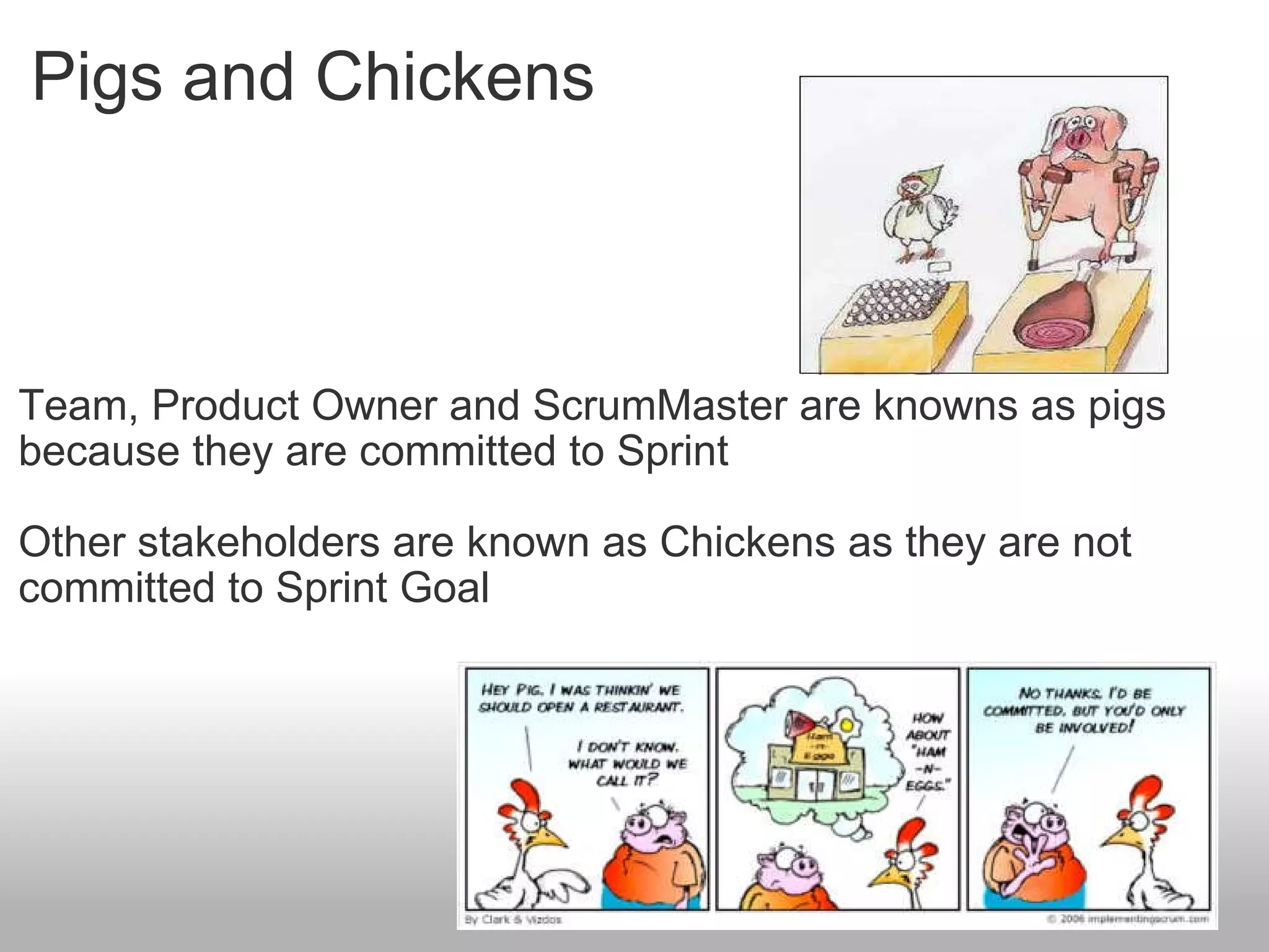 Pigs and Chickens Team, Product Owner and ScrumMaster are knowns as pigs because they are committed to Sprint Other stakeholders are known as Chickens as they are not committed to Sprint Goal 