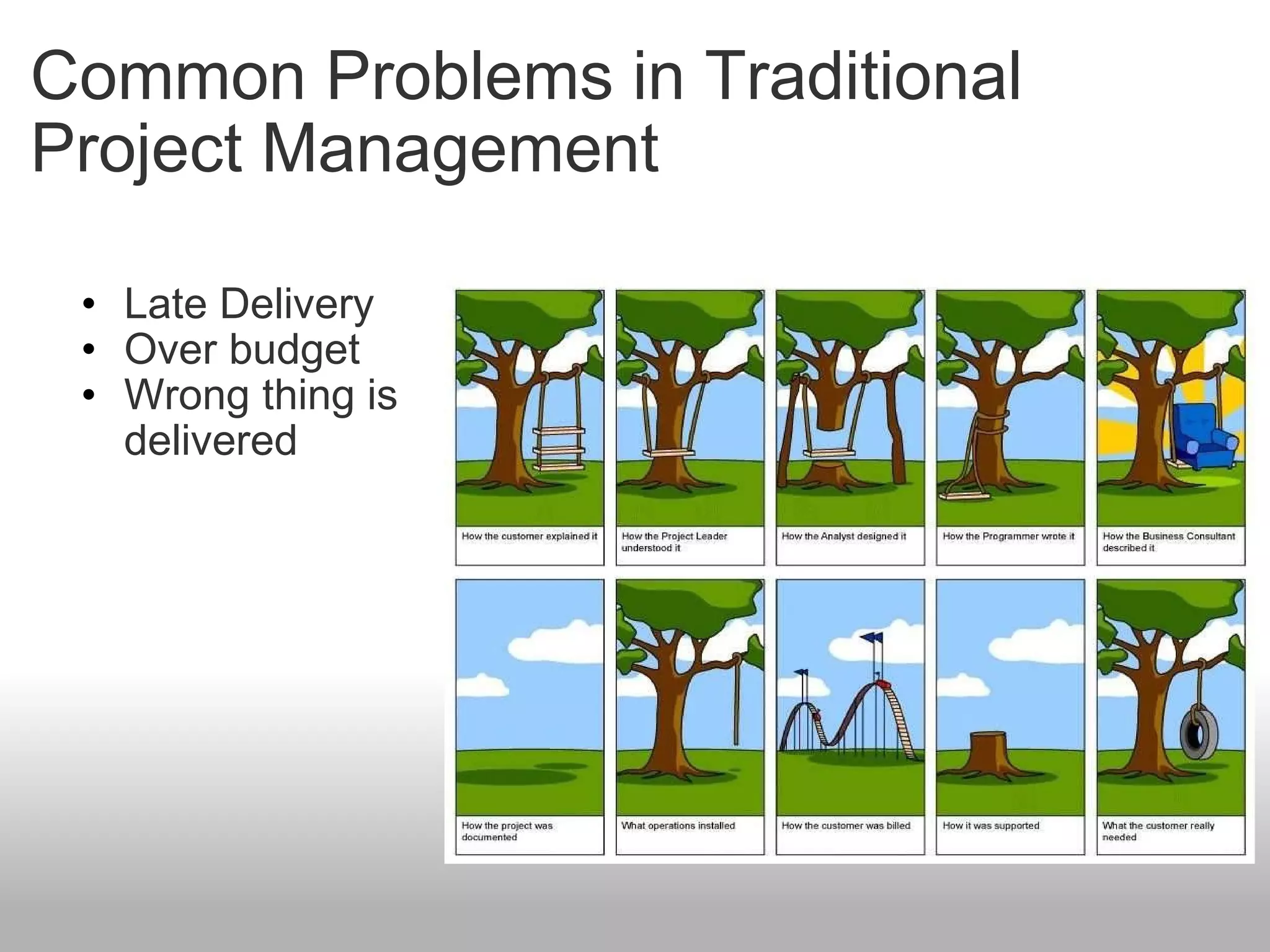 Common Problems in Traditional Project Management Late Delivery Over budget Wrong thing is delivered 