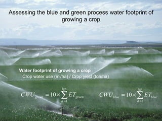 Assessing the blue and green process water footprint of 
growing a crop 
Water footprint of growing a crop 
 Crop water use (m3/ha) / Crop yield (ton/ha) 
lgp 
= ´å lgp 
CWU ET 
10 green green 
1 
d 
= 
= ´å 
CWU ET 
10 blue blue 
1 
d 
= 
 