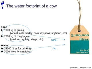 [Hoekstra  Chapagain, 2008] 
The water footprint of a cow 
Food 
► 1300 kg of grains 
(wheat, oats, barley, corn, dry peas, soybean, etc) 
► 7200 kg of roughages 
(pasture, dry hay, silage, etc) 
Water 
► 24000 litres for drinking 
► 7000 litres for servicing. 
99% 
1% 
 