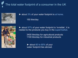 The total water footprint of a consumer in the UK 
► about 3% of your water footprint is at home. 
150 litre/day 
► about 97% of your water footprint is ‘invisible’, it is 
related to the products you buy in the supermarket. 
3400 litre/day for agricultural products 
1100 litre/day for industrial products 
► about 60 to 65% of your 
water footprint lies abroad. 
 
