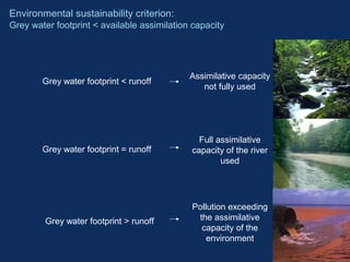 Environmental sustainability criterion: 
Grey water footprint  available assimilation capacity 
Grey water footprint  runoff Assimilative capacity 
not fully used 
Full assimilative 
capacity of the river 
used 
Pollution exceeding 
the assimilative 
capacity of the 
environment 
Grey water footprint = runoff 
Grey water footprint  runoff 
 