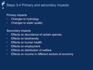 Steps 3-4 Primary and secondary impacts 
Primary impacts 
• Changes to hydrology 
• Changes to water quality 
Secondary impacts 
• Effects on abundance of certain species 
• Effects on biodiversity 
• Effects on human health 
• Effects on employment 
• Effects on distribution of welfare 
• Effects on income in different sectors of economy 
 