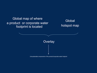 Global map of where 
a product or corporate water 
footprint is located 
Overlay 
Global 
hotspot map 
Unsustainable components of the product/corporate water footprint 
 