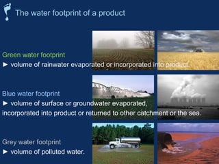 The water footprint of a product
Green water footprint
► volume of rainwater evaporated or incorporated into product.
Blue water footprint
► volume of surface or groundwater evaporated,
incorporated into product or returned to other catchment or the sea.
Grey water footprint
► volume of polluted water.
 