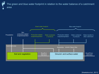 The green and blue water footprint in relation to the water balance of a catchment
area
Runoff from
catchment
Ground- and surface water
Soil and vegetation
Precipitation
Non
production-related
evapotranspiration
Production-related
evapotranspiration
Abstraction Return flow
Production-related
evapotranspiration
Water contained
in products
Water transfer to
other catchment
Runoff at
field level
Green water footprint Blue water footprint
Catchment area
Water contained
in products
[Hoekstra et al., 2011]
 