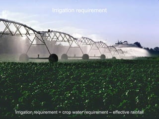 Irrigation requirement
Irrigation requirement = crop water requirement – effective rainfall
 