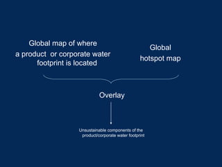 Global map of where
a product or corporate water
footprint is located
Overlay
Global
hotspot map
Unsustainable components of the
product/corporate water footprint
 