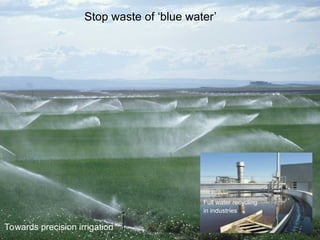 Stop waste of ‘blue water’
Towards precision irrigation
Full water recycling
in industries
 