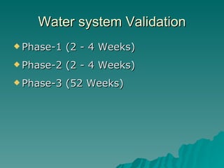Water system Validation Phase-1 (2 - 4 Weeks) Phase-2 (2 - 4 Weeks) Phase-3 (52 Weeks) 