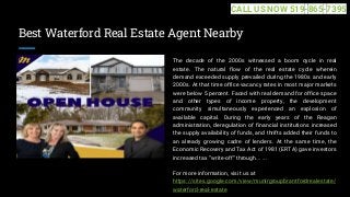 Best Waterford Real Estate Agent Nearby
The decade of the 2000s witnessed a boom cycle in real
estate. The natural flow of the real estate cycle wherein
demand exceeded supply prevailed during the 1980s and early
2000s. At that time office vacancy rates in most major markets
were below 5 percent. Faced with real demand for office space
and other types of income property, the development
community simultaneously experienced an explosion of
available capital. During the early years of the Reagan
administration, deregulation of financial institutions increased
the supply availability of funds, and thrifts added their funds to
an already growing cadre of lenders. At the same time, the
Economic Recovery and Tax Act of 1981 (ERTA) gave investors
increased tax “write-off” through... ...
For more information, visit us at
https://sites.google.com/view/munirgroupbrantfordrealestate/
waterford-real-estate
CALL US NOW 519-865-7395
 