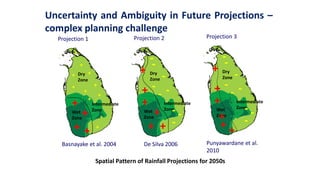 Uncertainty and Ambiguity in Future Projections – 
complex planning challenge 
Projection 1 Projection 2 
De Silva, 2006 
+ 
+ 
+ 
+ 
+ 
- 
- 
- 
- 
- 
- - - 
+ 
Projection 3 
- 
- 
- 
- - - 
+ 
+ 
+ 
+ 
+ + 
Spatial Pattern of Rainfall Projections for 2050s 
+ 
+ 
Dry 
Zone 
+ 
+ 
Wet 
Zone 
Intermediate 
Zone 
Dry 
Zone 
Wet 
Zone 
Intermediate 
Zone 
+ 
+ 
Basnayake et al. 2004 De Silva 2006 
- 
+ 
+ 
+ 
+ 
+ 
+ + 
+ 
+ 
De Silva, 2006 
Dry 
Zone 
Wet 
Zone 
Intermediate 
Zone 
- 
- 
- 
Punyawardane et al. 
2010 
 