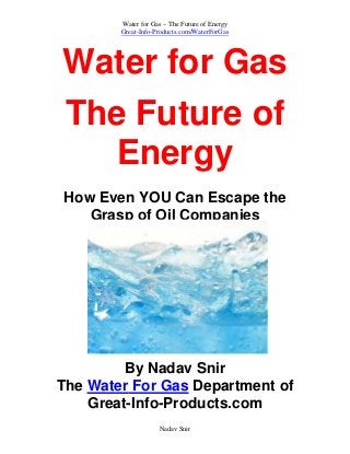 Water for Gas – The Future of Energy
Great-Info-Products.com/WaterForGas
Water for Gas
The Future of
Energy
How Even YOU Can Escape the
Grasp of Oil Companies
By Nadav Snir
The Water For Gas Department of
Great-Info-Products.com
Nadav Snir
 
