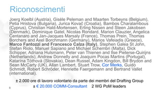Joerg Koelbl (Austria), Gisèle Peleman and Maarten Torbeyns (Belgium),
Petia Hristova (Bulgaria), Jurica Kovač (Croatia), Bambos Charalambous
(Cyprus), Christian Hald-Mortensen, Erling Nissen and Steen Jakobsen
(Denmark), Dominique Gatel, Nicolas Rondard, Marion Clauzier, Angelica
Centanaro and Jan-Jacques Marsaly (France), Thomas Prein, Thomas
Borchers and Axel Borchmann (Germany), Marios Vafeiadis (Greece),
Marco Fantozzi and Francesco Calza (Italy), Stephen Galea St John,
Stefan Riolo, Manuel Sapiano and Michael Schembri (Malta), Dick
Schipper, Adriana Hulsmann, Peter van Thienen and Ilse Pieterse-Quirijns
(Netherlands), Andrew Donnelly and Joaquim Pocas Martins (Portugal),
Katarína Tóthová (Slovakia), Dean Russel, Adam Kingdon, Bill Brydon and
Sean McCarty (UK), Allan Lambert, Stuart Trow, Cor Merks, Guido
Schmidt, Robert Schröder, Henriette Faergemann and Bertrand Vallet
(international).
Riconoscimenti
6
± 2.000 ore di lavoro volontario da parte dei membri del Drafting Group
± € 20.000 COMM-Consultant 2 WG PoM leaders
 
