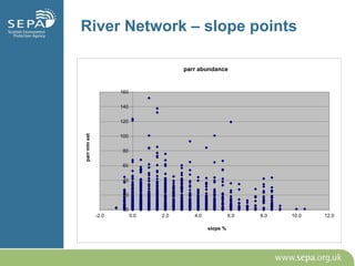 River Network – slope points
0
20
40
60
80
100
120
140
160
-2.0 0.0 2.0 4.0 6.0 8.0 10.0 12.0
parrminest
slope %
parr abundance
 