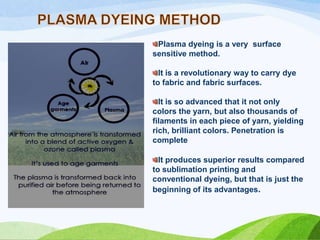 Plasma dyeing is a very surface
sensitive method.
It is a revolutionary way to carry dye
to fabric and fabric surfaces.
It is so advanced that it not only
colors the yarn, but also thousands of
filaments in each piece of yarn, yielding
rich, brilliant colors. Penetration is
complete
It produces superior results compared
to sublimation printing and
conventional dyeing, but that is just the
beginning of its advantages.

 