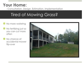 Tired of Mowing Grass? No more watering No fertilizing just so you can cut more often No chance of accidental mower flip-over Your Home: - Consultation, Design, Estimation, Implementation 