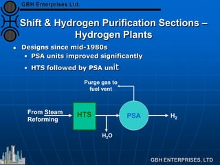 Shift & Hydrogen Purification Sections –
Hydrogen Plants
 Designs since mid-1980s
• PSA units improved significantly
• HTS followed by PSA unit
From Steam
Reforming
PSA H2
HTS
H2O
Purge gas to
fuel vent
 