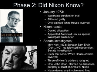 Phase 2: Did Nixon Know?
• January 1973:
– Watergate burglars on trial
– All found guilty
– One claimed White House involved
• Nixon reacts:
– Denied allegation
– Appointed Archibald Cox as special
Watergate prosecutor
• Senate investigates:
– May-Nov. 1973: Senator Sam Ervin
(Dem., NC) led televised independent
Senate investigation
– Clear that senior White House officials
involved
– Three of Nixon’s advisors resigned
– One, John Dean, claimed he discusses
burglary at least 35 times w/ Nixon
– Nixon denied any involvement, fired
 