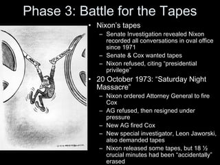 Phase 3: Battle for the Tapes
• Nixon’s tapes
– Senate Investigation revealed Nixon
recorded all conversations in oval office
since 1971
– Senate & Cox wanted tapes
– Nixon refused, citing “presidential
privilege”
• 20 October 1973: “Saturday Night
Massacre”
– Nixon ordered Attorney General to fire
Cox
– AG refused, then resigned under
pressure
– New AG fired Cox
– New special investigator, Leon Jaworski,
also demanded tapes
– Nixon released some tapes, but 18 ½
crucial minutes had been “accidentally”
erased
 