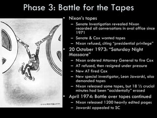 Phase 3: Battle for the Tapes Nixon’s tapes Senate Investigation revealed Nixon recorded all conversations in oval office since 1971 Senate & Cox wanted tapes Nixon refused, citing “presidential privilege” 20 October 1973: “Saturday Night Massacre” Nixon ordered Attorney General to fire Cox AT refused, then resigned under pressure New AT fired Cox New special investigator, Leon Jaworski, also demanded tapes Nixon released some tapes, but 18 ½ crucial minutes had been “accidentally” erased April 1974: Battle over tapes continued Nixon released 1200 heavily edited pages Jaworski appealed to SC 