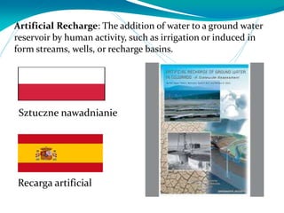 Artificial Recharge: The addition of water to a ground water
reservoir by human activity, such as irrigation or induced in
form streams, wells, or recharge basins.
Recarga artificial
Sztuczne nawadnianie
 