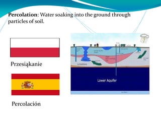 Percolation: Water soaking into the ground through
particles of soil.
Percolación
Przesiąkanie
 