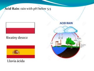 Acid Rain: rain with pH below 5.5
Lluvia ácida
Kwaśny deszcz
 