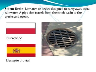 Storm Drain: Low area or device designed to carry away extra
rainwater. A pipe that travels from the catch basin to the
creeks and ocean.
Desagüe pluvial
Burzowiec
 