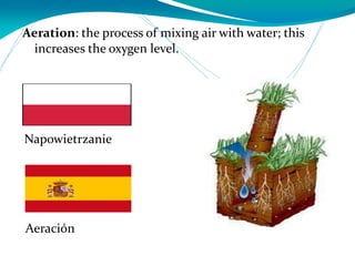 Aeration: the process of mixing air with water; this
increases the oxygen level.
Aeración
Napowietrzanie
 