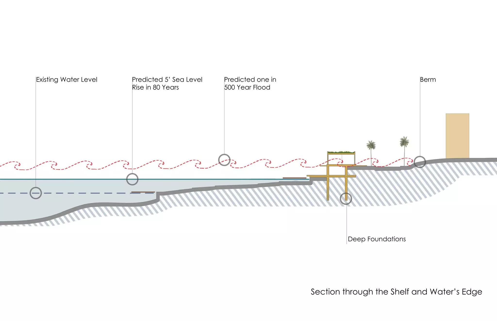 Existing Water Level Predicted 5’ Sea Level
Rise in 80 Years
Predicted one in
500 Year Flood
Berm
Deep Foundations
Section through the Shelf and Water’s Edge