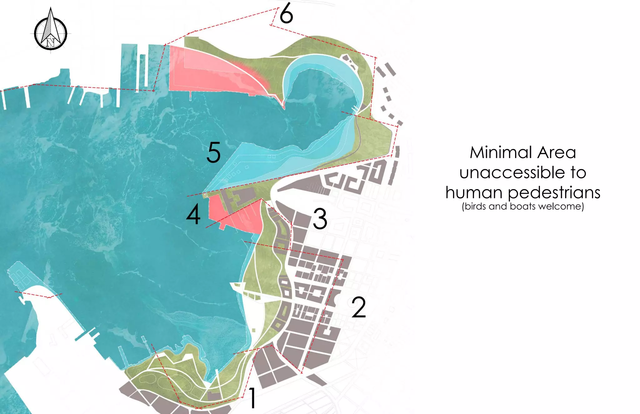 Minimal Area
unaccessible to
human pedestrians
(birds and boats welcome)