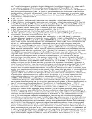 state, Yeotmalin the area may be identified on the basis of local district, Second Edition (Revised), p. 872.and site-specific
surveys and terrain conditions. 7. Socio Economic Review and District Statistical Abstract (2003-04): Yavatmal
District,ACKNOWLEDGEMENTS Maharashtra. The authors thank Shri Dinesh Prakash, Subramanian P.R. (1998): Ground
water explorationRegional Director CGWB; CR, Nagpur for in Maharashtra State and Union Territory of Dadraproviding
necessary guidelines and valuable and Nagar Haveli. Central Ground Water Board,suggestions in carrying out the studies.
Auther Ministry of Water Resources, Government of India.expresses their sincere thanks to Shri P.K.Parchure, p. 294.Sc ―D‖
for his constructive comments valuable 94
95. Fig. 1Fig. 2 95
96. Table 1: Lithology of shallow aquifers based on the results of exploratory drilling in Yavatmal district 96 contd....
97. Table 1: Lithology of shallow aquifers based on the results of exploratory drilling in Yavatmal district97 TS=Tope Soil,
C=Clay, VB=Vesicular Basalt, WVB= Weathered Vesicular Basalt, FVB= Fractured Vesicular Basalt, WFVB= Weathered
Fractured Vesicular Basalt, MB= Massive Basalt, WMB= Weathered Massive Basalt, FMB=Fractured Massive Basalt,
WFMB= Weathered Fractured Massive Basalt, SS=Sandstone, SHS= Shale & Sandstone
98. Table 2: Ground water resources of the district as on March 2005 (After GEC-97) 98
99. Table 3: Summarized results of the lithology, depth to water level of the phreatic aquifers in the area99
100. Table 4: Estimated sub surface storage potential of phreatic aquifer throughArtificial Recharge to ground water in
Yavatmal district, Maharashtra (Post monsoon season 2005). 100
101. National Seminar on Rainwater Harvesting and Water Management 11-12 Nov. 2006, Nagpur 16. Appropriate
Technique of Rainwater Management to Enhance Soil Moisture and Higher Productivity of Rainfed Bt Cotton *Jagvir Singh
*D. Blaise *M.R.K. Rao *B. M. Khadi *N.R. Tandulkar ABSTRACT In Central part of India, 70 % of arable land is rainfed
without assured irrigation and cotton occupy major area of 60 lakh ha under rainfed in 2005. Rainfed cotton production per
unit ha is very low as compared to irrigated cotton. Higher production can be achieved if soil moisture conservation
technique is to be adopted during growing season of Bt cotton. Sowing of Bt and non Bt cotton hybrids was done on flat
system. Two different land configuration systems viz. ridges and furrow and flat bed system were compared in rainfed Bt
hybrids at different fertilizer levels in Vertisols. Significant higher yield of seed cotton was received by adopting ridges and
furrow method over flat bed system. An additional yield of 550 to 600 Kg/ha was obtained by utilizing run-off rain water in
cotton field. Biomass accumulation and number of bolls in Bt hybrids by moisture conservation technique was higher
compared to flat bed system in medium deep soil. The technique of soil moisture conservation through ridges and furrow was
found superior over flat bed system in terms of increasing in moisture content by 4-5% and NUE during peak boll
development stage when rainfall is scanty. Foliar application of Zn and B (@ 0.5%) improved fibre quality of Bt hybrids
marginally. Higher dose of fertilizer was found non significant. Higher yield was observed in medium spacing (90x45cm) as
compared to recommended spacing (90x60cm) adopted in medium deep soils.INTRODUCTION period as increase
productivity of rainfed agro eco- Bt cotton is available in India only in the form regions (Venkateswarlu, 1981). Inspite of
waterof hirsutum hybrids and now occupying an area of harvesting on watershed, an appropriate technique33% to the total
area of cotton while in Maharashtra to conserve soil moisture through management ofit is about 80% area in Bt cotton.
Production in the run-off water during scanty rainfall and activerainfed land is a very difficult task due to uncertainty growth
period of cotton has been successfullyand uneven distribution of rainfall. Hybrid cotton is developed for conventional hybrids
at CICR,a long duration crop requires more water and Nagpur. The efforts have been made fornutrients as compared to
soybean or sorghum. It also maximization of transgenic Bt cotton productionhas capacity to tolerant excess water conditions
for through run-off water management during scanty4-5 days or dry conditions for 20 to 25 days. Higher rainfall under
rainfed conditions.production of cotton can be achieved at assuredrainfall of 650 to 700 mm with proper distribution
MATERIAL AND METHODSof rainfall during growing season. Rain water Field trials on Bt cotton was laid out at
Centralharvesting through tanks, ponds and reservoirs, Institute for Cotton Research, farm, Nagpur duringthough an age old
practice but use of harvested rain 2001-06, to achieve higher production through run-water for supplementary irrigation in the
stress off water management by making a ridges and *Central Institute for Cotton Research, Nagpur – 440 010 101
102. furrows when rainfall recedes during September off water and enhance soil moisture. Thus run-offmonth. Two field
trials on Mahyco Bt cotton viz. water was saved by above mentioned technique. ItMECH 184, 162 & 12 with different
fertilizers levels enhanced the soil moisture and nutrient utilization75, 100 & 125% RDF and different spacing in cotton.
Rainfall of 80 mm received in the middle(90x60cm, 90x45cm in medium deep soil and of October had beneficial effects in
conservation of90x60cm & 60x60cm in shallow soil) were soil moisture through ridges and furrows system.evaluated for two
years during 2001-03. Second fieldexperiment on bunny Bts viz. NCS 913 and NCS Soil conditions effect on yield and
yield138 with non Bt bunny was conducted in medium attributing characters :deep soil with different fertilizers levels
coupled Biomass accumulation at maturity stage (110with flat bed and ridges & furrows systems. Sowing DAS) in Bt cotton
was significantly lower thanof cotton was done in the last week of June on flat conventional hybrids. Higher Harvest index
(%) wasbed system. Fertilizer dose of NPK 90:45:45(F1), observed in Bt cotton because Bt cotton had higher100:60:80(F2)
and 150: 80:100 (F3) to all hybrids bolls as compared to leaves. Higher seed cotton yieldwere given as per recommended
practices. Only one and number of bolls in Bt was recorded in mediumspray of sucking pests was given to all hybrids and
deep soil as compared to shallow soil. No yield2 sprays of insecticides for controlling bollworms difference was observed in
shallow soil by applyingwere given in non Bt only. Cotton was picked thrice higher dose of fertilizer (125% RDF) while inin
Bt and twice in non-Bt. Rainfall distribution and medium deep soil, higher dose of fertilizer gavetemperature data during the
crop season from 25 higher yield as compared to RDF but no significantJune to 31 December is presented in table 1. increase
in yield was recorded due to higher dose of fertilizer. Hence, the recommended dose of fertilizerRESULTS AND

 