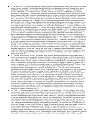 142. NORTH EAST To prevent algae infestation, the tanks must be kept Average annual rainfall was calculated from closed
without exposure to sunlight. Therefore,the rainfall data collected from Indian direct collection of rainwater is not safe for
potableMeteorological Department. For other related data, use. The cost of a tank having a capacity of 1500standard
literature and methods have been followed. litres is Rs.1000. If a larger tank is required, oneMethodology for rainwater
harvesting are: for could make a plinth of cement and stones havingpotable water - simply to collect water from the roof the
desired diameter, and by using chemically treatedto a storage tank or to collect water from roof to bamboo poles, a palisade
of bamboo is erected alongrecharge bore well, open well, hand pump etc. For the periphery of the plinth, like a fencing
(Fig:4). Agroundwater recharge abandoned well, abandoned tank having a diameter and a height of 1.2m canor running bore
well, hand pump, recharge pit, store 23,000 litres of water, which ensures a dailyrecharge trench or recharge well could be
used. To supply of 60 – 80 litres of clean drinking waterprevent surface runoff percolation ponds, check throughout the year.
The cost of such a tank comesdams, sub-surface dyke, recharge pit, recharge trench to about Rs.10,000. For ground water recharge pitscould be constructed. The low-cost water tank to are with size varying from 1.5 – 3.0 meter wide andstore rain
water could be made of bamboo and plastic 2.0 – 3.0 meter deep could be constructed. It shouldfilm. Villagers in North East
use a large bamboo be lined with brick / stone with openings (weep -basket shaped like a silo, for storing grain. If this holes)
at regular intervals. Top area of pit must besilo is internally lined with a good grade polythene covered with grill.film, it can
be used as a water tank. The bamboo The recharge point allows percolation andshould be made non-biodegradable by
soaking it ina solution containing 450g of sodium dichromate,300g of copper sulphate and 150g of boric aciddissolved in
10litres of water. Such treated bamboohas an outside life of between 10 and 20 years. The distance between adjacent bamboo
poles SLOW SAND FILTER FOR FILTERATION OF RAINWATER Fig. 4 : Low Cost Bamboo Tank to Store Rain Water
OVER FLOW OUTLET 1200should be about 50 – 60 cm. The plinth can have a DRAINOUT VALVE OUTLETdiameter of
up to 5 or 6m, but the height of the 5000bamboo palisade should not exceed 120cm because BAMBOO WATER TANK OF
CAPACITY 23000 litthe pressure exerted by the water column on the sidewalls is determined by the column height. Using
thebamboo poles as a skeleton, the entire structure couldbe woven like wickerwork, using chemically treatedbamboo strips.
One can use it to collect run-off waterfrom the roof, or one can even allow the rain to fall Fig. 5 : Simple design for rainwater
harvesting, designdirectly into the tank. Once the tank is full its top for low cost percolation pit formust be covered by
another film of plastic, which ground water recharge and the design ofkeeps the water clean and prevents evaporation. Both
bamboo tank with a capacity of 23,000 lt. forsunlight and nutrients are needed for algae to grow. plain and hilly areas of
North-Eastern India. 142
143. electrical investigations). Therefore, the recharge points should be selected only after identifying permeable zone. If
there is no permeable zone, the groundwater cannot move from one place to other and the water would come up through the
recharge point and reach the surface. On the other hand, the ingress of water through the permeable zone should be checked,
as the water reduces the shear and compressive strengths of the material of the foundation. It should be always kept in mind
thatFig. 6 : Bamboo pipes to transfer water from the stored Rainwater harvesting is a social responsibility rainwater tank for
ground water recharge involving the whole community.recharges the groundwater. Recharge points could Tank size – ideal
tank size vs. affordabilitybe of various dimensions, depending upon Tank sizing techniques usually only
considerphysiographic and hydro geological conditions. the optimum size for a tank based on the rainfallImportant
considerations for successful rainwater available, the size of the catchment area (Table:2),harvesting are: and the demand on
the system. Little consideration(i) location of recharge points, is usually given to the affordability of the tank. It is(ii)
hydrological properties responsible for assumed that the person will be looking at capturingrecharging the aquifers, and all
the water from the roof or enough to meet all(iii) Social responsibilities of the people. their demand. The location of the
recharge point especially In many cases, the person may not be able toin the crystalline terrain should have a weathered
afford a tank suitable for catching the optimummaterial with sufficient porosity to hold substantial amount of water. In such
cases, the tank size isquantities of water and also fractures for storage of determined by the tank cost and so, in this case,
wewater. Porosity, which generates the hydrological need to maximize capacity for a given (low) cost.properties, must be
identified using groundwater Below, in Table: 3 we have classified domestic tankexploration techniques (well inventory,
landscape sizes into three distinct groups – small, medium andindicators, topographical features, geological set-up, large
scale.structural controls, drainage conditions and geo- Affordability is a strong function of tank size Table - 2 : Showing
availability of rainwater in Thousand litres 143
144. Table 3 : Tank scale classification water (i.e. cost per litre), we might construct a curve such as shown in Fig: 7. Each
socio-economic group Scale of Description would have its own curve. domestic The cost line on Fig: 7 is horizontal, which
tanks reasonably represents the situation where water is Small-scale Any tank or jar up to seven days storage fetched, each
successive litre requiring the same or up to 1000 litres input of labour. Such a line does not fairly represent Medium A tank
up to several weeks storage or harvested roof water, where the effective cost between 1000 and 20,000 litres storage general
rises with daily consumption despite the economies of scale in tank construction. A typical Large Any tank with several
months of cost vs volume characteristic for Rain Water storage or above 20,000 litres storage Harvesting supply is shown in
Fig 7. capacity Sometimes we find examples of water purchaseand tank design. The smaller the tank the cheaper it and use
them to infer the value of water. Richerwill be and the cheaper the construction materials house holds, or those experiencing
illness, may payand labour costs, the cheaper the tank will be. For for water to be brought to the house. More
usually,increased affordability we are therefore looking at we have to infer costs indirectly through conversionsmall-scale,
locally produced RWH systems that use of fetching distance/height into time and then timelocal materials like bamboo. Local
manufacture and into money. Such costs, like the value of wateruse of local skills are design issues. Affordability is discussed
above, will be lower for poorer householdsa function of a number of socio-economic factors than for richer ones.and is

 