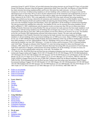 connection Group G1 and G2 50 liters/ m2 provided rainwater-harvesting structures are not Group H 25 liters/ m2 provided.
Group I Nil Haryana: Haryana Urban Development AuthorityNew Delhi :Since June 2001, the Ministry of Urban (HUDA)
has made rainwater-harvesting mandatoryaffairs and Poverty Alleviation has made rainwater- in all new buildings
irrespective of roof area. In theharvesting mandatory in all new buildings with a notified areas in Gurgaon town and the
adjoiningroof area of more than 100 sq m and in all plots industrial areas all the institutions and residentialwith an area of
more than 1000 sq m, that are being colonies have been asked to adopt water harvestingdeveloped. The Central Ground
Water Authority by the CGWA. This is also applicable to all the(CGWA) has made rainwater harvesting mandatory
buildings in notified areas having a tubewell,in all institutions and residential colonies in notified deadline was for March 31,
2002. The CGWA hasareas (South and southwest Delhi and adjoining also banned drilling of tubewells in notified
areas.areas like Faridabad, Gurgaon and Ghaziabad). Thisis also applicable to all the buildings in notified areas Rajasthan:
The state government has madethat have tubewells. The deadline for this was for rainwater harvesting mandatory for all
public andMarch 31, 2002. establishments and all properties in plot covering more than 500 sq m in urban areas.Indore
(Madhya Pradesh): Rainwater harvesting Mumbai:The state government has made rainwater-has been made mandatory in all
new buildings with harvesting mandatory for all buildings that are beingan area of 250 sq m or more. A rebate of 6 per cent
constructed on plots that are more than 1,000 sq mon property tax has been offered as an incentive for in size. The deadline
set for this was October 2002.implementing rainwater-harvesting systems. Gujarat: The state roads and buildings
departmentKanpur (Uttar Pradesh): Rainwater harvesting has has made rainwater harvesting mandatory for allbeen made
mandatory in all new buildings with an government buildings.area of 1000 sq m or more. Status of RWH in Nagpur District
for the year of 2005-2006Hyderabad (Andhra Pradesh): Rainwater (Mahatma Jotiba Fule Jal Bhomi Sandharanharvesting has
been made mandatory in all new Abhiyan)(Refer Table No. 4)buildings with an area of 300 sq m or more. Tentativefor
enforcing this deadline was June 2001. References : 1) Centre for Science and Environment ( CSE) 2) National building
code.Tamil Nadu: Through an ordinance titled Thailand 3) A water-harvesting manual for urban area.Muncipal Laws
ordinance, 2003, dated July 19, 4) S. Vishwanath. Domestic Rainwater harvesting.2003, the government of Tamil Nadu has
made Some application in Banglore, Indiarainwater harvesting mandatory for all the buildings, 5) Centre of science for
villages ( www.csvtech.org)both public and private, in the state. The deadline 169
170. Table No 4No. Well Well Roof top rain Roof top rain recharging recharging water harvesting water harvesting (Target)
(Achieved) (Target) (Achieved)1 Nagpur 150 32 150 1172 Kamthi 125 58 125 1283 Hingna 150 39 150 2004 Kalmeshwar
150 1505 Katol 150 176 150 3106 Narkhed 150 1507 Sawaner 150 70 150 588 Parshivni 125 1259 Ramtek 150 48 150 5910
Mouda 125 20 125 2711 Kuhi 125 0 125 0612 Umared 125 14 125 4413 Bhivapur 125 125 TOTAL 1800 457 1800 949
Target of RWH in Nagpur District for the year of 2006-2007 ( Mahatma Jotiba Fule Jal Bhomi Sandharan Abhiyan) (Refer
Table No5)No. Well recharging Roof top rain Roof top rain (Target) water harvesting water harvesting (Target) (Target)
Government buildings1 Nagpur 150 150 1002 Kamthi 125 125 1003 Hingna 150 150 1504 Kalmeshwar 150 150 1005 Katol
150 150 1506 Narkhed 150 150 1007 Sawaner 150 150 1008 Parshivni 125 125 1009 Ramtek 150 150 15010 Mouda 125 125
10011 Kuhi 125 125 10012 Umared 125 125 10013 Bhivapur 125 125 150 TOTAL 1800 1800 1500 170
Follow us on LinkedIn
Follow us on Twitter
Find us on Facebook
Find us on Google+
Learn About Us
About
Careers
Our Blog
Press
Contact Us
Help & Support
Using SlideShare
SlideShare 101
Terms of Use
Privacy Policy
Copyright & DMCA
Community Guidelines
SlideShare on Mobile
Pro & more
Go PRO
Enterprise Sales
PRO Features

 