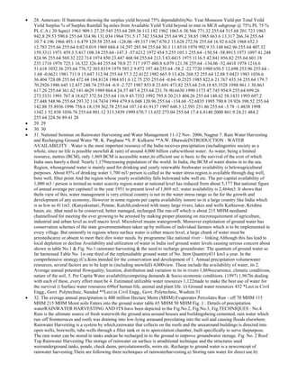 28. Annexure- II Statement showing the surplus yield beyond 75% dependabilityNo. Year Monsoon Yield per Total Yeild
Yeild Surplus % of Surplus Rainfall Sq.miles from Available Yeild Yeild beyond in mm in MCft subgroup @ 75% PL 75 %
PL C.A ( 20 Sqm)1 1961 909.1 27.25 545 255.64 289.36 113.192 1962 1063.6 38.566 771.32 255.64 515.68 201.723 1963
942.8 29.53 590.6 255.64 334.96 131.034 1964 751.5 17.742 354.84 255.64 99.2 38.85 1965 663.6 13.317 266.34 255.64
10.7 4.196 1966 493.1 6.479 129.58 255.64 -126.06 -49.317 1967 670.2 13.628 272.56 255.64 16.92 6.628 1968 652.3
12.783 255.66 255.64 0.02 0.019 1969 684.4 14.297 285.94 255.64 30.3 11.8510 1970 992.9 33.148 662.96 255.64 407.32
159.3311 1971 459.3 5.417 108.34 255.64 -147.3 -57.6212 1972 454 5.255 105.1 255.64 -150.54 -58.8913 1973 1097 41.248
824.96 255.64 569.32 222.714 1974 850 23.447 468.94 255.64 213.3 83.4415 1975 1116.5 42.841 856.82 255.64 601.18
235.1716 1976 725.1 16.322 326.44 255.64 70.8 27.717 1977 480.8 6.079 121.58 255.64 -134.06 -52.4418 1978 1216.6
51.618 1032.36 255.64 776.72 303.8319 1979 585.2 9.872 197.44 255.64 -58.2 -22.7720 1980 650.5 12.698 253.96 255.64 1.68 -0.6621 1981 711.9 15.647 312.94 255.64 57.3 22.4122 1982 665.9 13.426 268.52 255.64 12.88 5.0423 1983 1036.6
36.404 728.08 255.64 472.44 184.8124 1984 651.6 12.75 255 255.64 -0.64 -0.2525 1985 822.6 21.767 435.34 255.64 179.7
70.2926 1986 645 12.437 248.74 255.64 -6.9 -2.727 1987 853.8 23.691 473.82 255.64 218.18 85.3528 1988 961.1 30.863
617.26 255.64 361.62 141.4629 1989 864.4 24.37 487.4 255.64 231.76 90.6630 1990 1173 47.745 954.9 255.64 699.26
273.5331 1991 767.4 18.627 372.54 255.64 116.9 45.7332 1992 795.8 20.213 404.26 255.64 148.62 58.1433 1993 697.2
27.448 548.96 255.64 293.32 114.7434 1994 479.8 6.048 120.96 255.64 -134.68 -52.6835 1995 790.8 19.926 398.52 255.64
142.88 55.8936 1996 758.6 18.139 362.78 255.64 107.14 41.9137 1997 648.3 12.593 251.86 255.64 -3.78 -1.4838 1998
1342.1 52.838 1056.76 255.64 801.12 313.3839 1999 670.7 13.652 273.04 255.64 17.4 6.8140 2000 861.9 24.21 484.2
255.64 228.56 89.41 28
29. 29
30. 30
31. National Seminar on Rainwater Harvesting and Water Management 11-12 Nov. 2006, Nagpur 7. Rain Water Harvesting
and Recharging Ground Water *R. K. Parghane *S. P. Kulkarni **A.W. DhawaleINTRODUCTION : WATER
AVAILABILITY : Water is the most important resource of the India receives precipitation (includingentire society as a
whole, since no life is possible snowfall & rain) of around 4,000 billion cubicwithout water. As water, being a limited
resource, metres (BCM), only 1,869 BCM is accessible water,its efficient use is basic to the survival of the ever of which
India uses barely a third. Nearly 1,179increasing population of the world. In India, the BCM of water drains in to the sea.
Region, whoseground water is mainly used for drinking and yearly renewable freshwater availability is belowagricultural
purposes. About 85% of drinking water 1,700 m3/ person is called as the water stress region.is available through dug well,
bore well, filter point And the region whose yearly availability falls belowand tube well etc. The per-capital availability of
1,000 m3 / person is termed as water scarcity region.water at national level has reduced from about 5,177 But national figure
of annual average per capitam3 in the year 1951 to present level of 1,869 m3. water availability is 2,464m3. It shows that
theIn view of this, water management is very critical country is not in the water stress range so far.for the growth and
development of any economy, However in some regions per capita availability ismore so in a large country like India which
is as low as 411m3. (Kanyakumari, Pennar, Kutchh,endowed with many large rivers, lakes and wells Kathiawar, Krishna
basin, etc. )that need to be conserved, better managed, recharged The run-off which is about 215 MHM needsand
channellised for meeting the ever growing to be arrested by making proper planning on microrequirement of agriculture,
industrial and urban level as well macro level. Microlevel means watergrowth. Moreover exploitation of ground water has
conservation schemes of the state governmentsbeen taken up by millions of individual farmers which is to be implemented in
every village. But onmostly in regions where surface water is either macro level, a large chunk of water must be
arrestedscarce or absent to meet their dire water needs. by programme like national river – linking.Although this has lead to
local depletion or decline Availability and utilization of water in India isof ground water levels causing serious concern about
shown in table No.1 & Fig. No.1.rainwater harvesting & the need to recharge groundwater. The quantum of ground water so
far harnessed Table No. 1is one third of the replenishable ground water of No. Item Quantity431 km3 a year. In the
comprehensive strategy (Cu.Kms.)needed for the conservation and development of 1. Annual precipitation volumewater
resources, several factors are to be kept in (including snowfall) 4,000view. These include the availability of water, its 2.
Average annual potential flowquality, location, distribution and variation in its in rivers 1,869occurrence, climatic conditions,
nature of the soil, 3. Per Capita Water availabilitycompeting demands & Socio-economic conditions. (1997) 1,967In dealing
with each of these, every effort must be 4. Estimated utilizable water resources 1,122made to make the best use of water for
the survival i) Surface water resources 690of human life, animal and plant life. ii) Ground water resources 432 *Lect.in Civil
Engg., Govt. Polytechnic, Nanded **Lect.in Civil Engg., Govt. Polytechnic, Washim 31
32. The average annual precipitation is 400 million Hectare Metre (MHM) Evaporates Percolates Run - off 70 MHM 115
MHM 215 MHM Moist soils Enters into the ground water table 65 MHM 50 MHM Fig. 1 : Details of precipitation
waterRAINWATER HARVESTING AND ITS have been depicted in the Fig.No.2, Fig.No.3, Fig.TECHNIQUES : No.4.
Rain is the ultimate source of fresh waterwith the ground area around houses and buildingsbeing cemented, rain water which
run–off fromterraces and roofs was draining into low-lying areasand percolating into the soil and causing floods elsewhere.
Rainwater Harvesting is a system by which,rainwater that collects on the roofs and the areaaround buildings is directed into
open wells, borewells, tube wells through a filter tank or in to apercolation chamber, built specifically to serve thepurpose.
The rain water can be stored in tanks andcan be recharged in to the ground to improve groundwater storage. Fig. No. 2 Roof
Top Rainwater Harvesting The storage of rainwater on surface is atraditional technique and the structures used
wereunderground tanks, ponds, check dams, percolationwells, weirs etc. Recharge to ground water is a newconcept of
rainwater harvesting.There are following three techniques of rainwaterharvesting.a) Storing rain water for direct use.b)

 