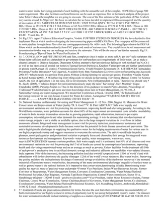 water to enter inside harvesting potential of each building with the annualthe soil of the complex, HDPE film of gauge 500
water requirement .This also facilitate cost benefitmicron can be used as imperious film in the trench analysis of the project.
Also Table 2 shows the roughthat we are going to excavate .The cost of the film estimate of the particulars of Plan A which
very soonis around Rs.50 per m2. We have to calculate the we have decided to implement.film area required and the quantity
of excavation of NO. PARTICULAR ITEM UNIT RATE / UNIT TOTAL QNTY. TOTAL COST I PVC PIPES 1
DIA.100mm m 155 28.22 4374.1 2 DIA.120mm m 165 56.6 9339 3 DIA.140mm m 175 29.92 5236 4 DIA.150mm m 180
15.9 2862 5 DIA.160mm m 185 18.5 34225 II DEVAS FILTER - 600 7 4200 III ELBOWS 45° ANGLE - 100 7 700 IV 1
EXACUVATION m3 150 17.89 2683.5 2 P.C.C. m3 15000 1.19 1785 3 BRICK WORK m3 1400 7.45 10430 TOTAL
RATE : 55,469.10/- 53
54. Fig.12 Fr. Agnel Technical Education Complex, Vashi6. FURTHER STUDIES IN PROGRESS We have decided to first
implement Plan A which involves designing the interconnecting pipes withDEVAS filters. The rain pipes will be connected
to main pipeline through these filters that are costingapproximately Rs. 600/- each. The following figure shows the DEVAS
filters which can be manufacturedeasily from PVC pipes and sands of various sizes. The crucial factor is soil assessment and
determination inwhat way we can recharge and retrieve the rainwater. This will be the area of our further research. Fig.13 :
Manufacturing of Devas Filters for Water Purification 54
55. 7. CONCLUSION and FUTURE SCOPE and flats, complexes since it makes us more self As per our Vedic scriptures the
Great Saint sufficient and less dependent on government for ourParashara says requirements of fresh water. Let us make a
sincere|| Annam Hi Dhanya Sanjatam, Dhanyanm Krishya attempt to harvest rainwater falling on both rooftopVina Na Ch ||
as well as the open area all around our homes toTasmad Sarvam Parityajya, Krushim Yatnen prevent any further deterioration
of ground waterKarayet ||1|| source.|| Vrustimula Krushi Sarva, Vrushti Mulam ChJeevanam || 8. REFERENCESTasmadadau
Prayatnen,Vrushti dhnyanam • Anil Agarwal, Available from: http://Samacharet ||2|| www.rainwaterharvesting.org Accessed:
2006-07-―Which means we get food from grains.Without 23doing farming we can not get grains. Therefore • Sunita Narain
& Rahul Ranade (2003). A Waterleaving every thing aside we should do harvesting. Harvesting Manual, Centre For Science
AndAs the root of agriculture is in the rains, life is Environment, New Delhidependent on rains. Therefore we should very •
M. Jacob, (2005), ‗Technical Report for rainwatermeticulously study the rains‖ harvesting‘, Navi Mumbai • Gopal
Chandorkar (2005). Parjanya Mapan va Thus in the direction of his guidance we march Purva Anuman, Proceedings of
Traditional Wisdomforward to get more and more knowledge about rain in Water Management, pp. 96-101, A
Nationalharvesting and water management. We should feel Conference at Nasik, October 2005, The Indianproud of
harvesting rainwater in our own houses Council for Water & Culture, Aurangabad ―WATER SCARCITY DIVIDE
PEOPLE….. ….. RAINWATER HARVESTING UNITES THEM‖. 55
56. National Seminar on Rainwater Harvesting and Water Management 11-12 Nov. 2006, Nagpur 10. Measures for Water
Conservation and Improvement in Water Quality *R. S. Goel **V. B. Patel ABSTRACT Safe water supply and
environmental sanitation are vital for protecting the environment, improving health and alleviating poverty. According to the
World Bank estimates, water pollution accounts for about 60% of the major annual environmental costs in India. Availability
of water in India is under tremendous stress due to growing population, rapid urbanization, increase in per-capita
consumption, industrial growth and other demands for maintaining ecology. It is to be stressed that non-development of
water storage projects is not a viable or available option; due to the large temporal variations in river flows in Indian
monsoonic climate. Integrated water management is most vital for poverty reduction, environmental sustenance and
sustainable economic development in India because water has the potential for both disease causation and prevention. This
article highlights the challenges in supplying the qualitative water for the bulging requirements of water for various uses in
our highly populated country and suggests measures to overcome the serious crisis. The article would help the policy
planners, municipal agencies and professional societies to properly focus and channelise their energy for integrated water
resources development and management. Keywords- water quality, water management, wastewater, reuse,
recycle,INTRODUCTION become a serious problem. Safe water supply and It is estimated that 80% of all diseases and over
environmental sanitation are vital for protecting the1/3 rd of deaths are caused by consumption of environment, improving
health and alleviatingcontaminated water and on an average as much as poverty. Unless facilities for the treatment of1/10th
of each person‘s productive time is sacrificed domestic sewage and industrial effluents are manifoldto water related diseases.
India supports 1/6th of the increased, the increasing pollution load due toworld‘s population on 1/50th of world‘s land with
urbanization will further deteriorate the quality ofmeager 1/25th of the world‘s water resources. Due water bodies. Preserving
the quality and theto the indiscriminate discharge of untreated sewage availability of the freshwater resources is the mostand
industrial effluents into natural water bodies, the pressing of the many environmental challenges onquality of surface water as
well as ground water is the national horizon. It is imperative that conservation,deteriorating in India. Deteriorating water
quality has recycle, reuse of precious water and proper *Former Vice-President, Indian Water Resources Society, Former
Convenor of Programmes, Water Management Forum, Convenor, Coordination Committee, Water Related National
Professional Societies, Chief Engineer, Narmada Tapi Basin Organisation, Central Water commission, Sector 10 A,
Gandhinagar (Gujrat) – 382043 E-mail - goelrscwc@yahoo.com**Vice-President, Indian Water Resources Society, Former
Chairman, Central Water Commission, Former Chairman,Board of Governors, Water Management Forum, Co-chairman,
Coordination Committee, Water Related NationalProfessional Societies, 128, Manekbaug Society, Ambawadi,Ahmedabad–
38 00 52 E-mail - vbpatel@multimantech.com 56
57. treatment of waste are given serious attention for terms, but also the cost that other communities havesustainability of
built environment for our highly to incur in terms of opportunity lost by not using thepopulated country. water. The measure
for water conservation should include metering of supplies as a matter of policyCONCENTRATED WATER NEEDS DUE

 
